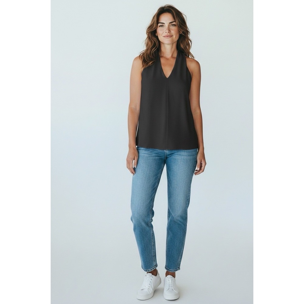 7 For All Mankind Black Sleeveless V Neck Blouse Top Size M NWT $198